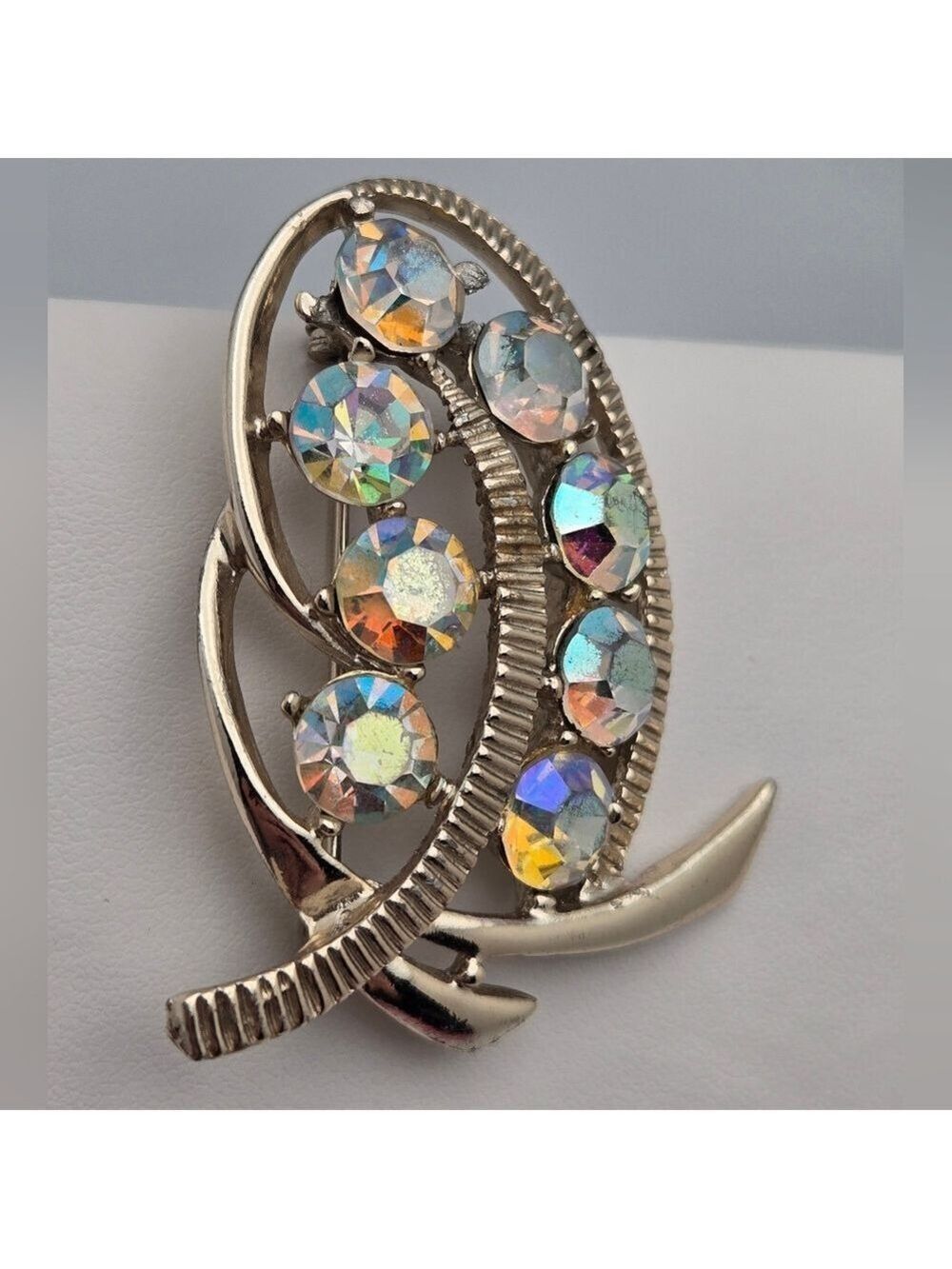 Vintage Gold-Tone Leaf Designer Brooch AB Rhinestones